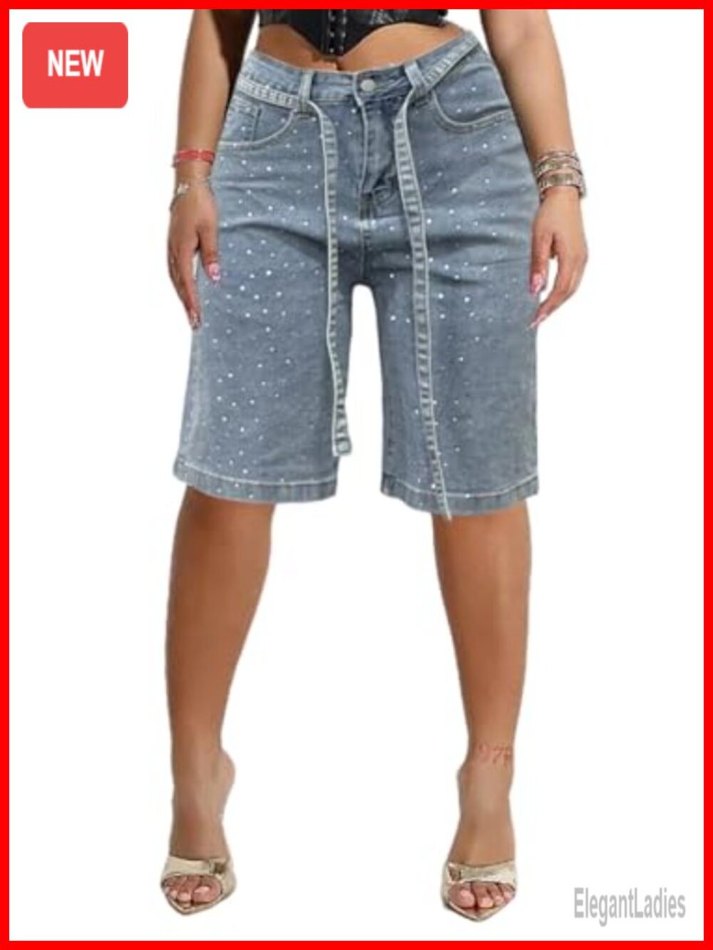 Rhinestone High Waisted Bermuda Jean Shorts with Belt